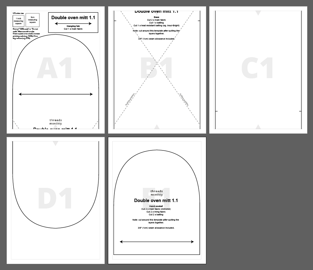 PDF sewing pattern pages side by side, for a double oven mitt